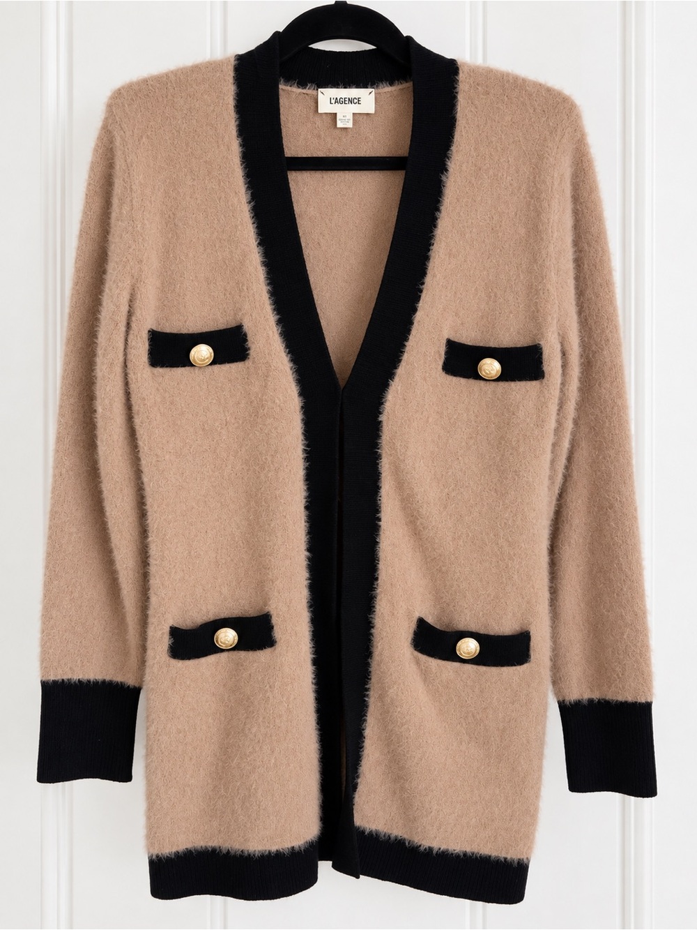 L'AGENCE Tan/taupe fuzzy Cardigan with Black Trim and Gold Buttons